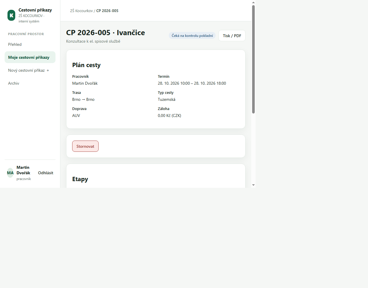 Detail cestovního příkazu se stavem, etapami a automaticky vypočteným stravným
